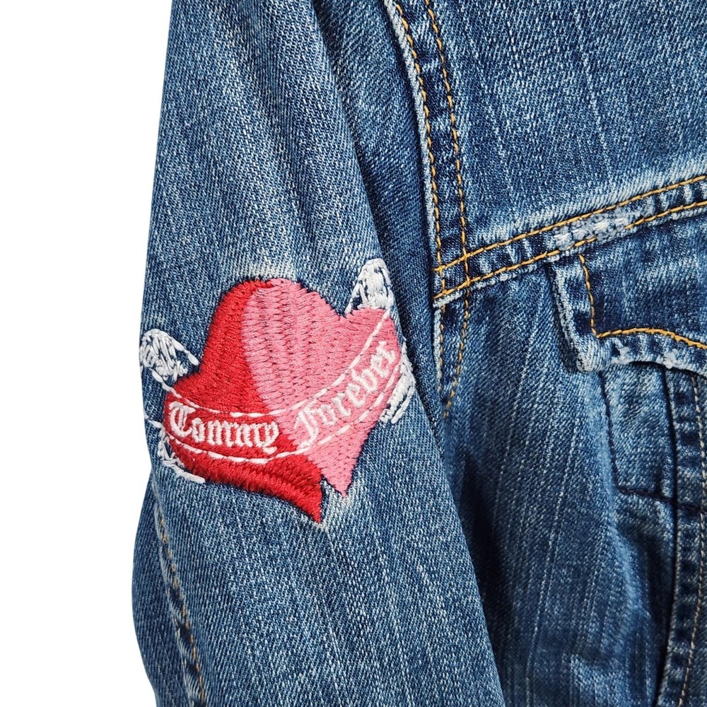 Vintage Tommy Hilfiger Jean Jacket M Women Y2K Embroidered Bird Heart Love Patch - Picture 12 of 16